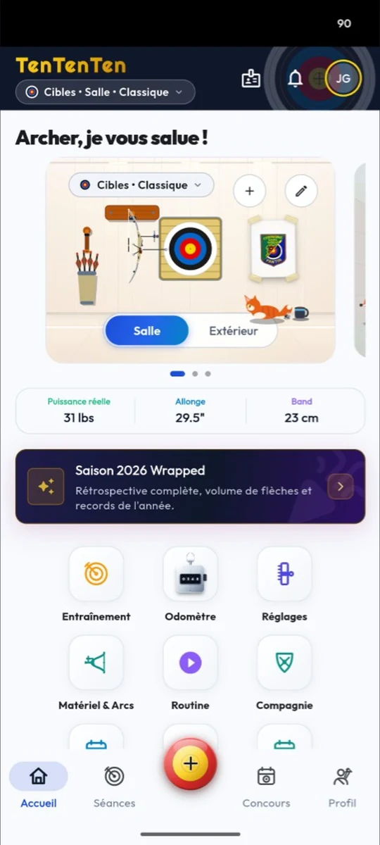 Tableau de bord de l'archer et scores d'entraînement en cible