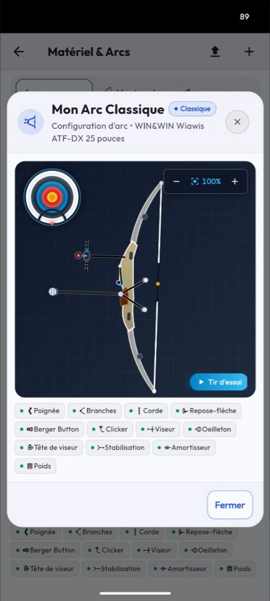 Fiche matériel d'arc et tableau des repères de viseur par distance